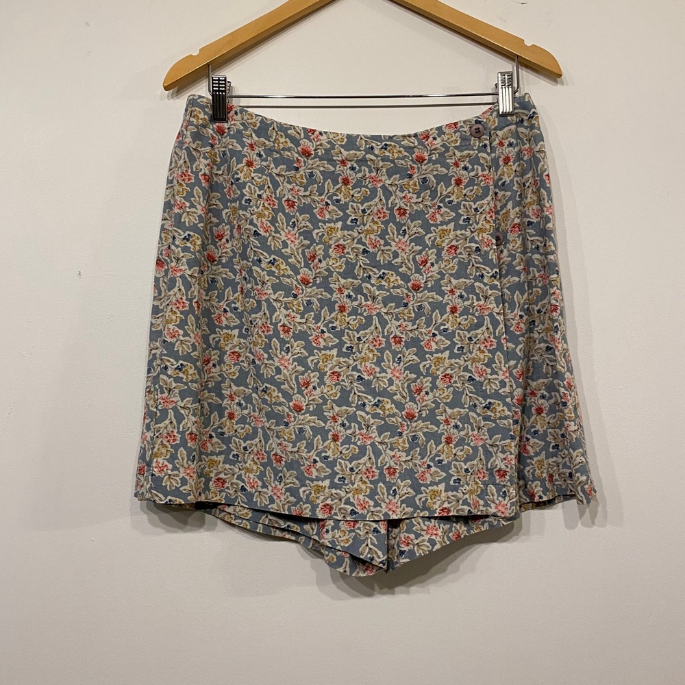 Vintage Van Heusen Floral Linen Blend Skort Blue Pink Wrap Front Size 12 USA